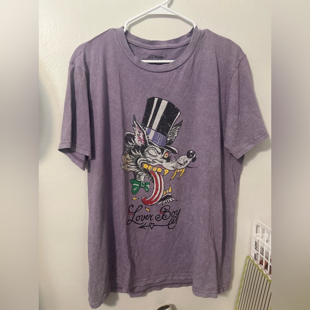 Ed Hardy Purple Graphic Tee with Wolf Design